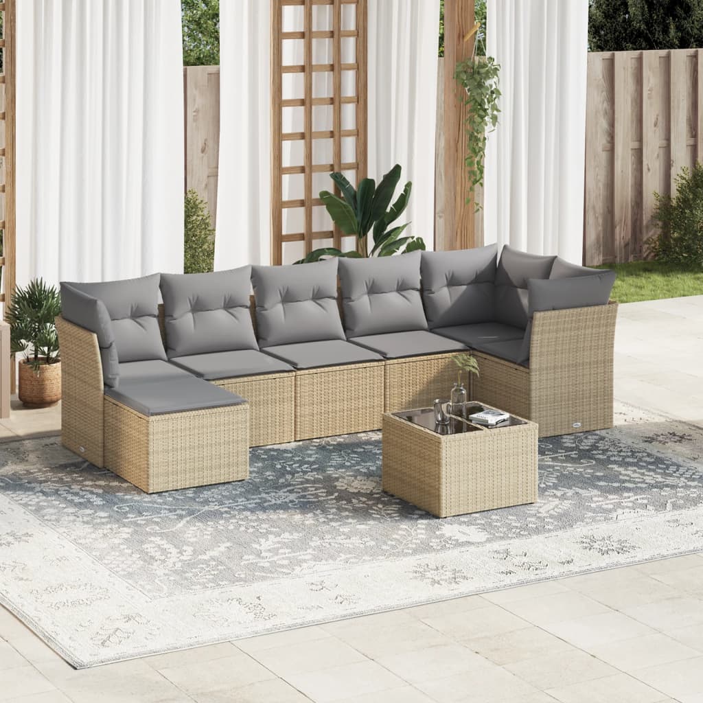 8 Pcs conjunto de sofás p/ jardim com almofadões vime PE bege