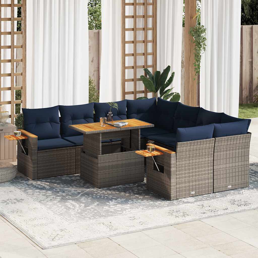 9 Pcs conjunto sofás p/ jardim com almofadões vime PE cinzento