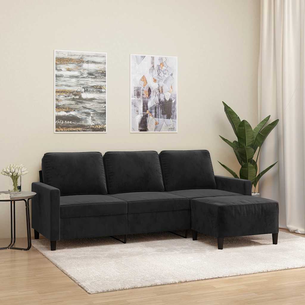 Sofá de 3 lugares com apoio de pés 180 cm veludo preto