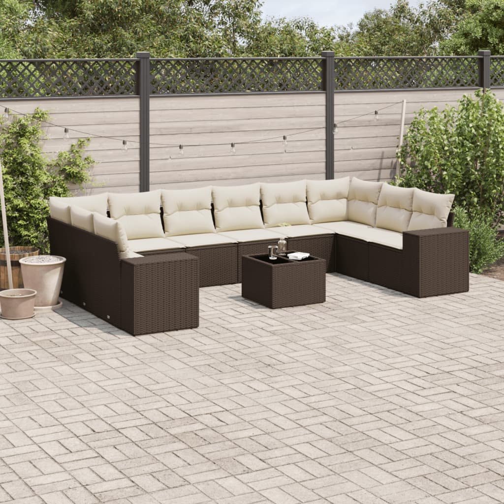 11 Pcs conjunto sofás de jardim c/ almofadões vime PE castanho