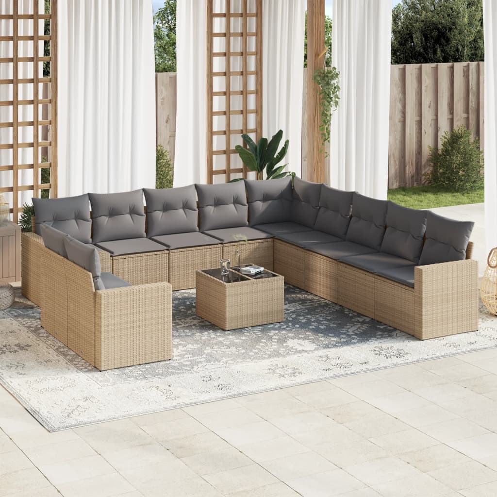 12 Pcs conjunto de sofás p/ jardim com almofadões vime PE bege