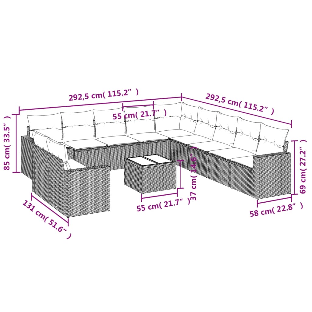 12 Pcs conjunto de sofás p/ jardim com almofadões vime PE bege