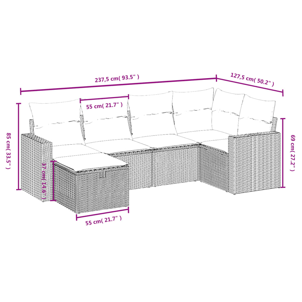 6 Pcs conjunto de sofás p/ jardim com almofadões vime PE bege