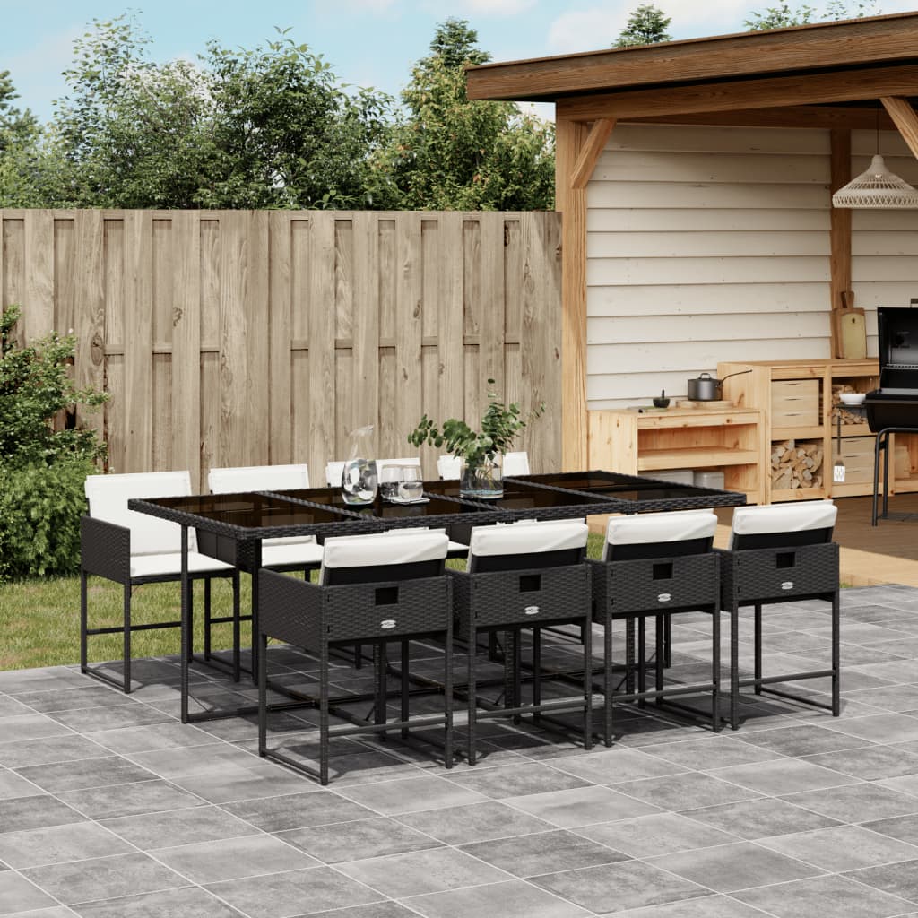9 Pcs conjunto de jantar p/ jardim c/ almofadões vime PE preto