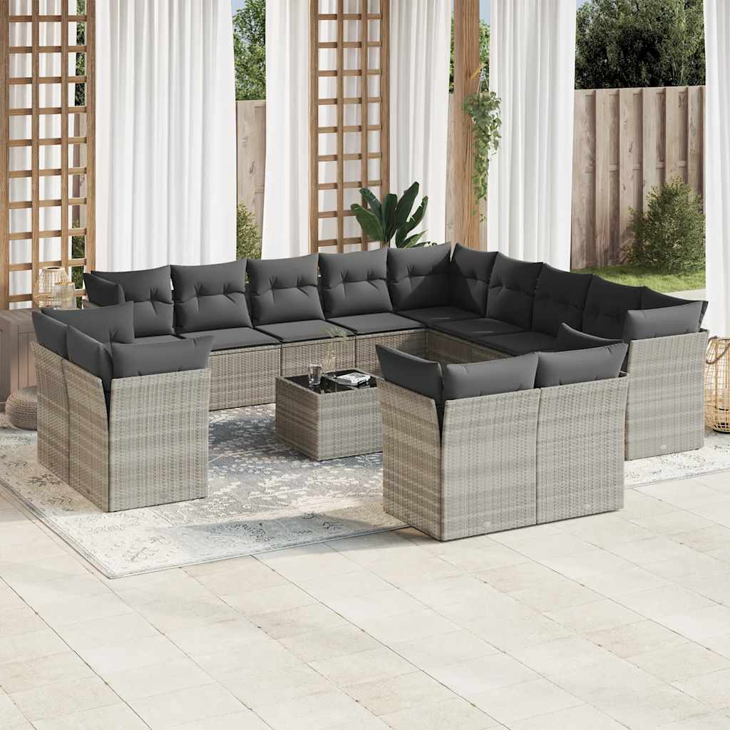 14 Pcs conj. sofás jardim com almofadões vime PE cinzento-claro