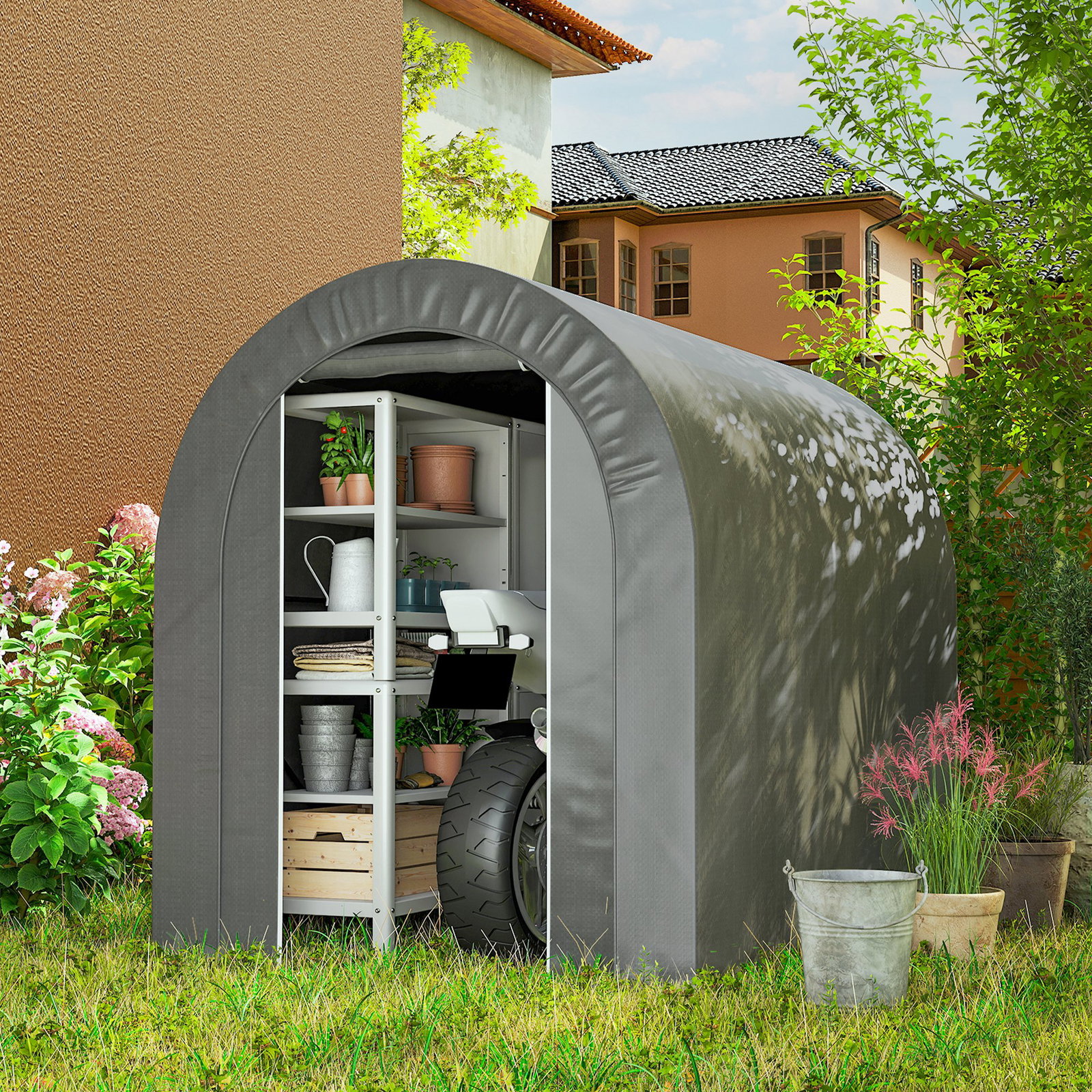 Tenda de jardim para bicicletas com estrutura em aço, porta com fecho, impermeável 2,4x1,6x1,9 m cinzento claro
