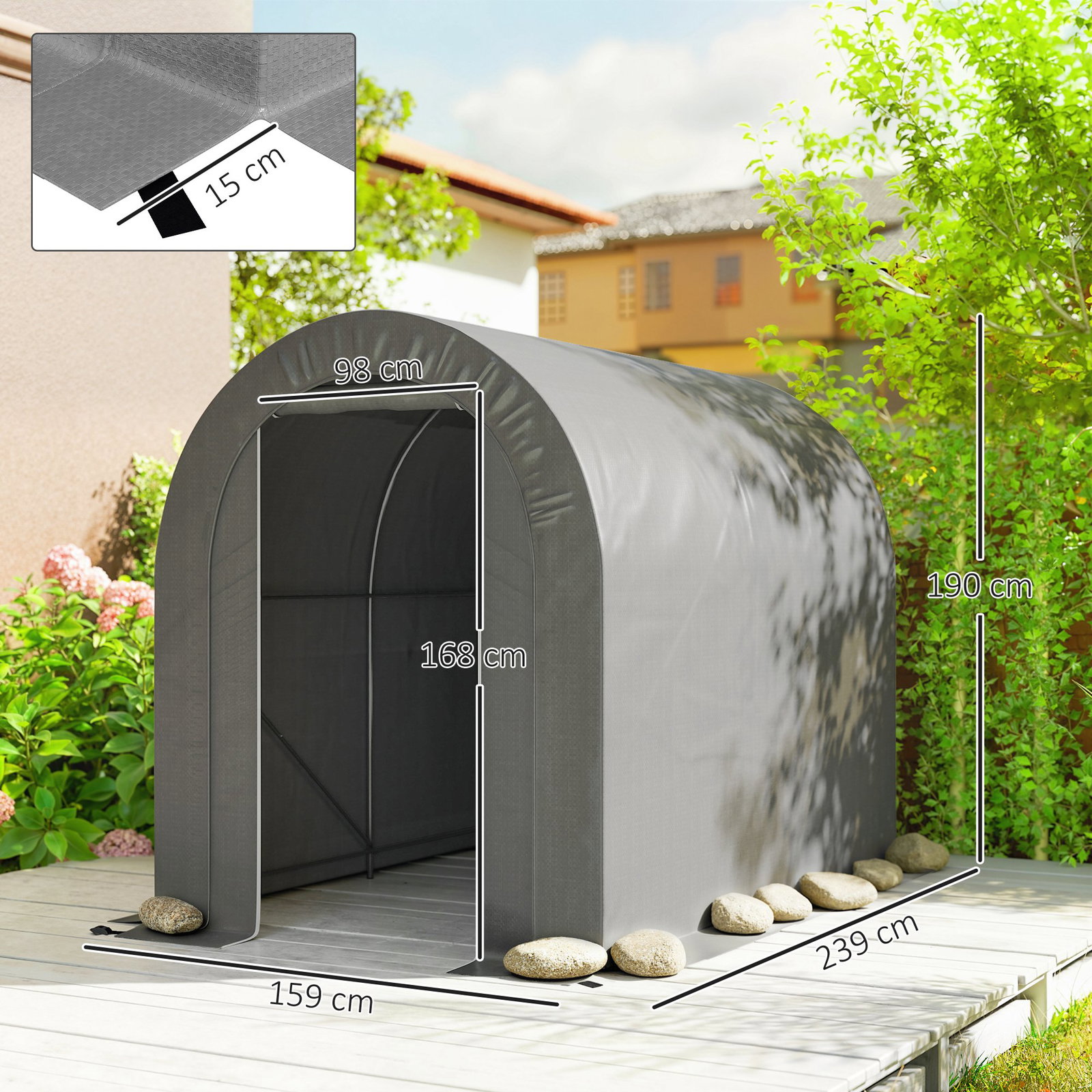 Tenda de jardim para bicicletas com estrutura em aço, porta com fecho, impermeável 2,4x1,6x1,9 m cinzento claro