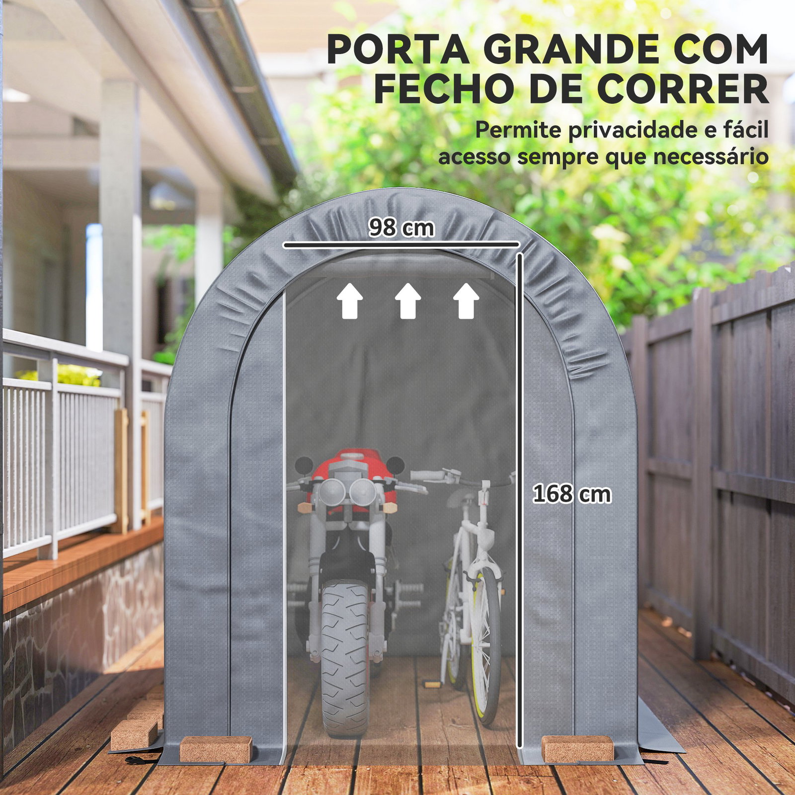 Tenda de jardim para bicicletas com estrutura em aço, porta com fecho, impermeável 2,4x1,6x1,9 m cinzento claro