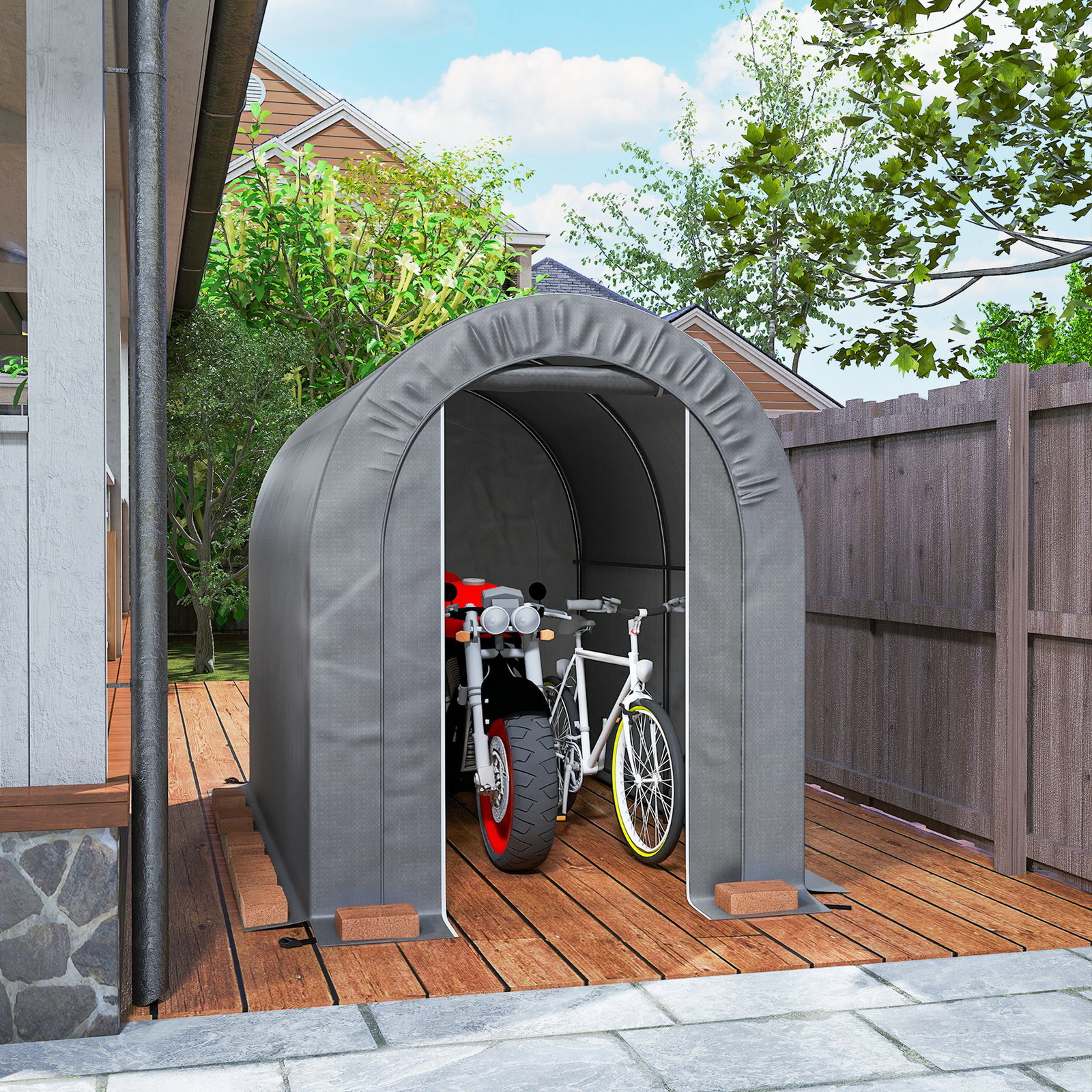 Tenda de jardim para bicicletas com estrutura em aço, porta com fecho, impermeável 2,4x1,6x1,9 m cinzento claro