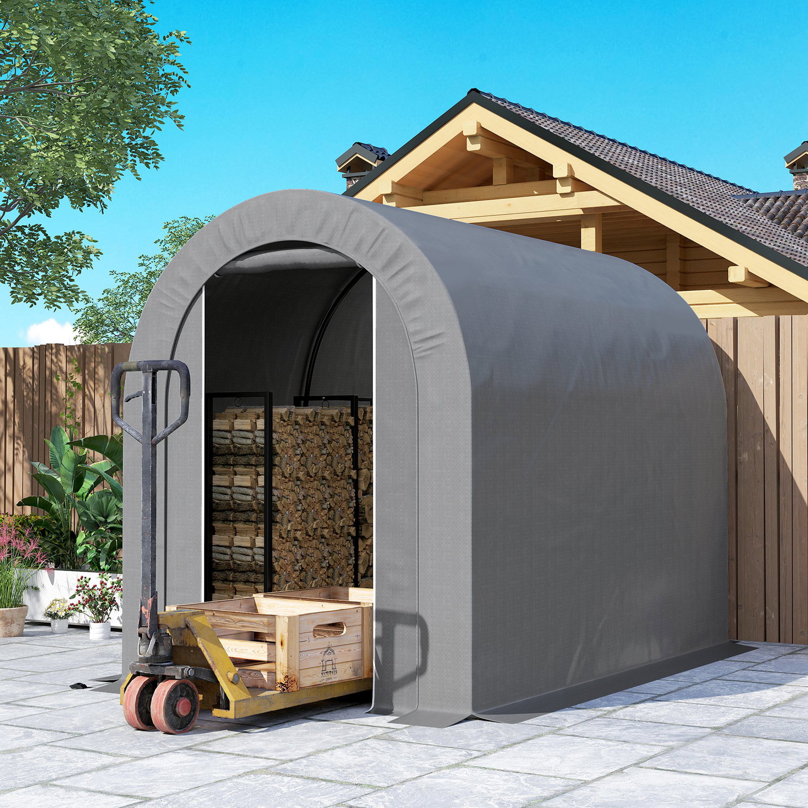 Tenda de jardim para bicicletas com estrutura em aço, porta com fecho, impermeável 2,4x1,6x1,9 m cinzento claro
