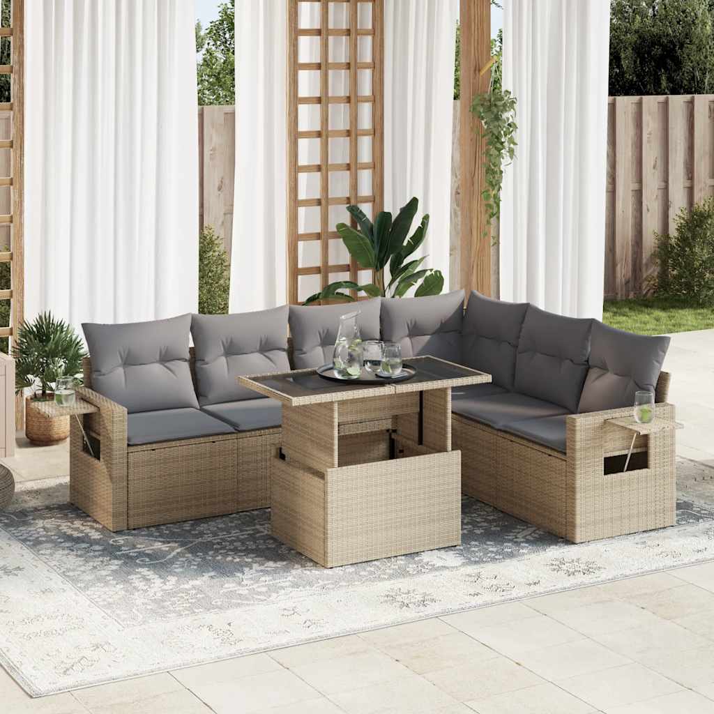 7 Pcs conjunto de sofás p/ jardim com almofadões vime PE bege