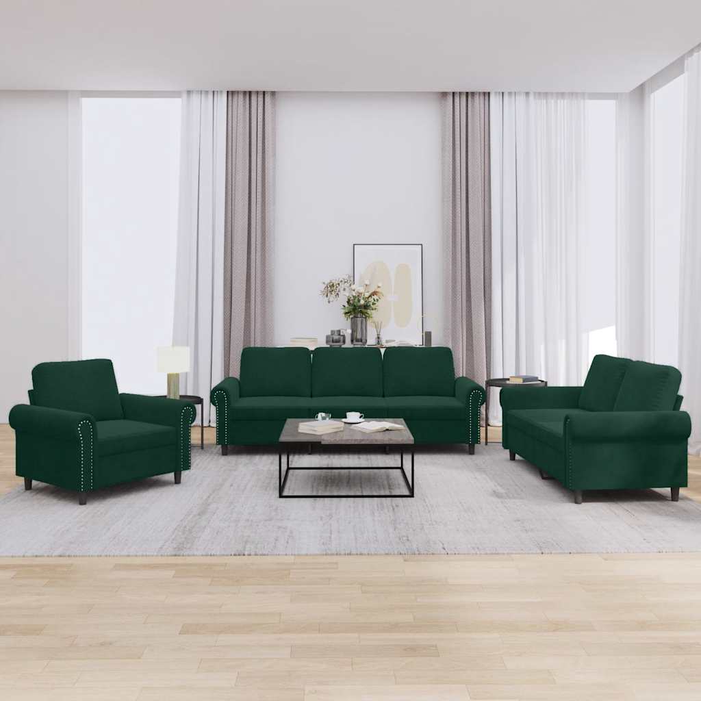 3 Pcs conjunto de sofás com almofadões veludo verde-escuro