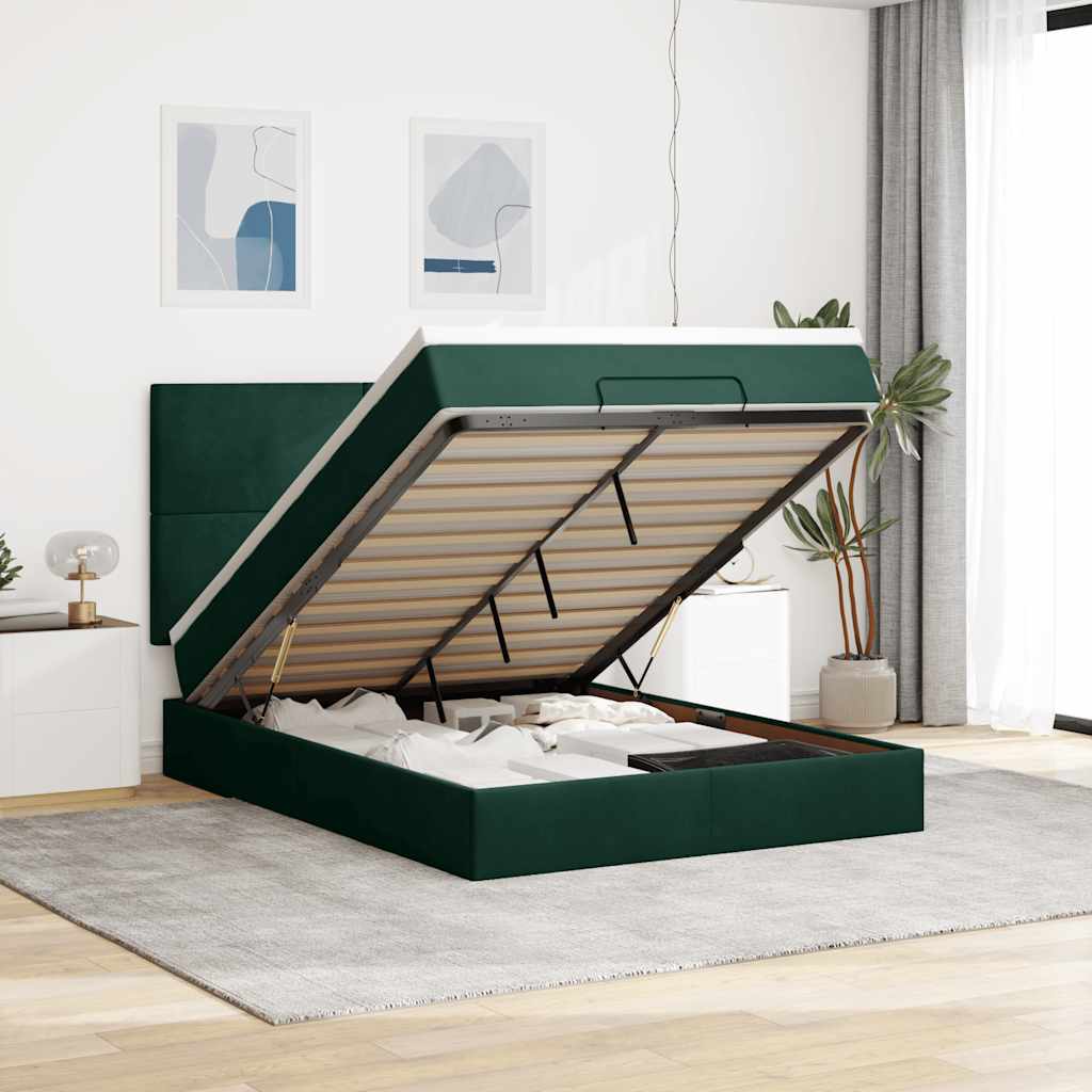 Estrutura cama otomana colchões 140x190 cm veludo verde escuro