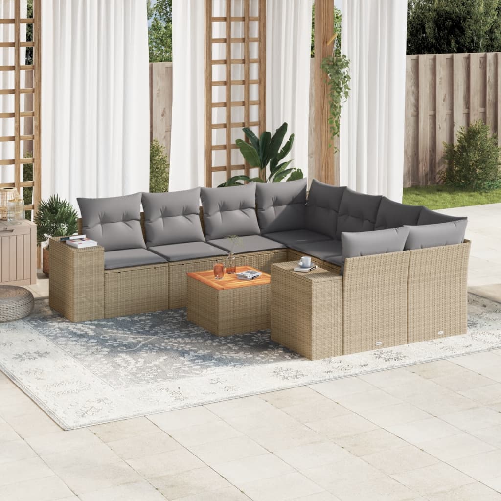 9 Pcs conjunto de sofás p/ jardim com almofadões vime PE bege