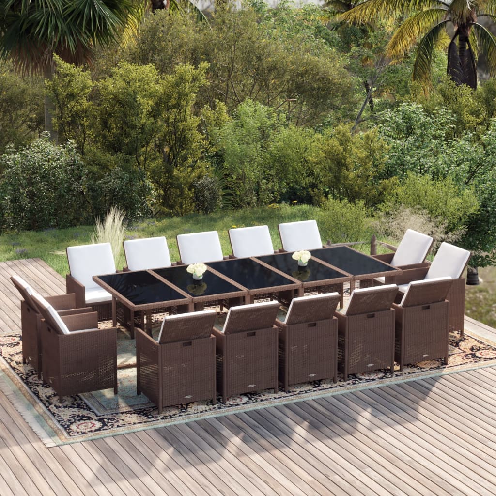 15 Pcs conjunto jantar p/ jardim c/ almofadões vime PE castanho