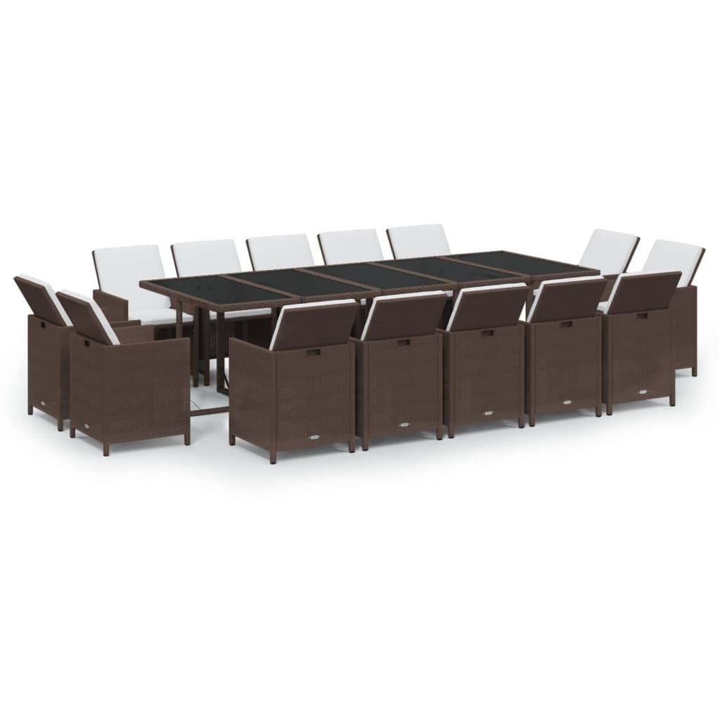15 Pcs conjunto jantar p/ jardim c/ almofadões vime PE castanho