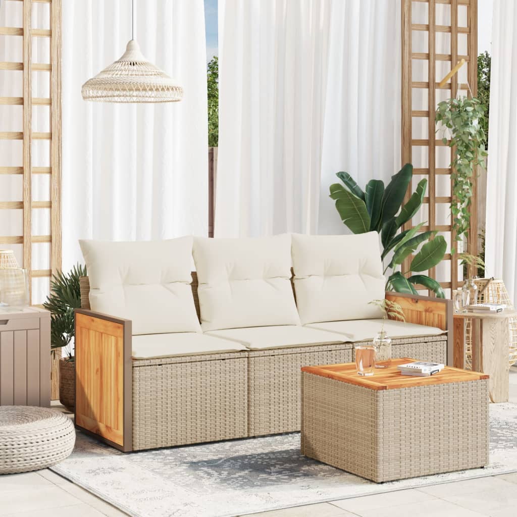 4 Pcs conjunto de sofás para jardim c/ almofadões vime PE bege