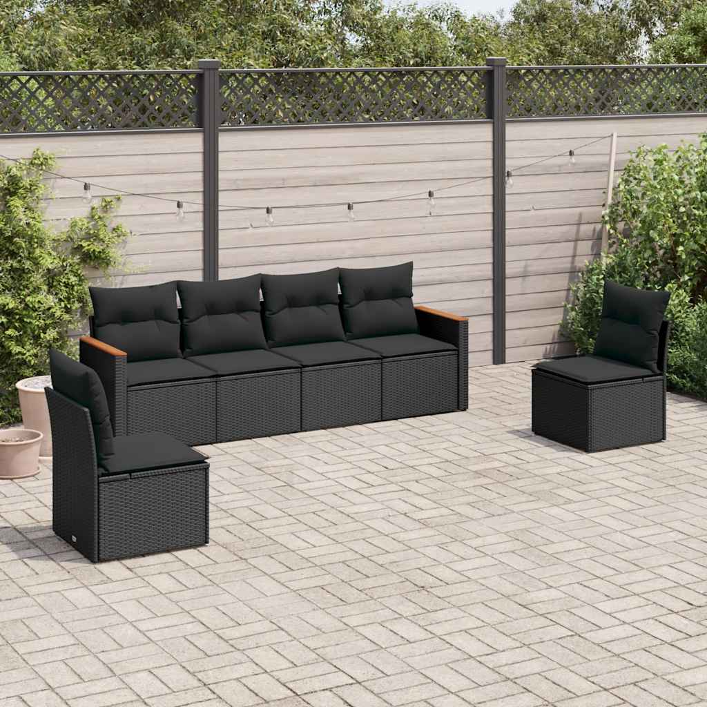 6 Pcs conjunto sofás de jardim c/ almofadões vime PE preto