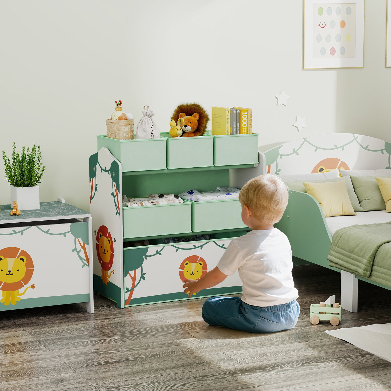 Estante infantil para brinquedos com 6 caixas em tecido não tecido organizador de brinquedos de 3 níveis 63x30x66 cm verde