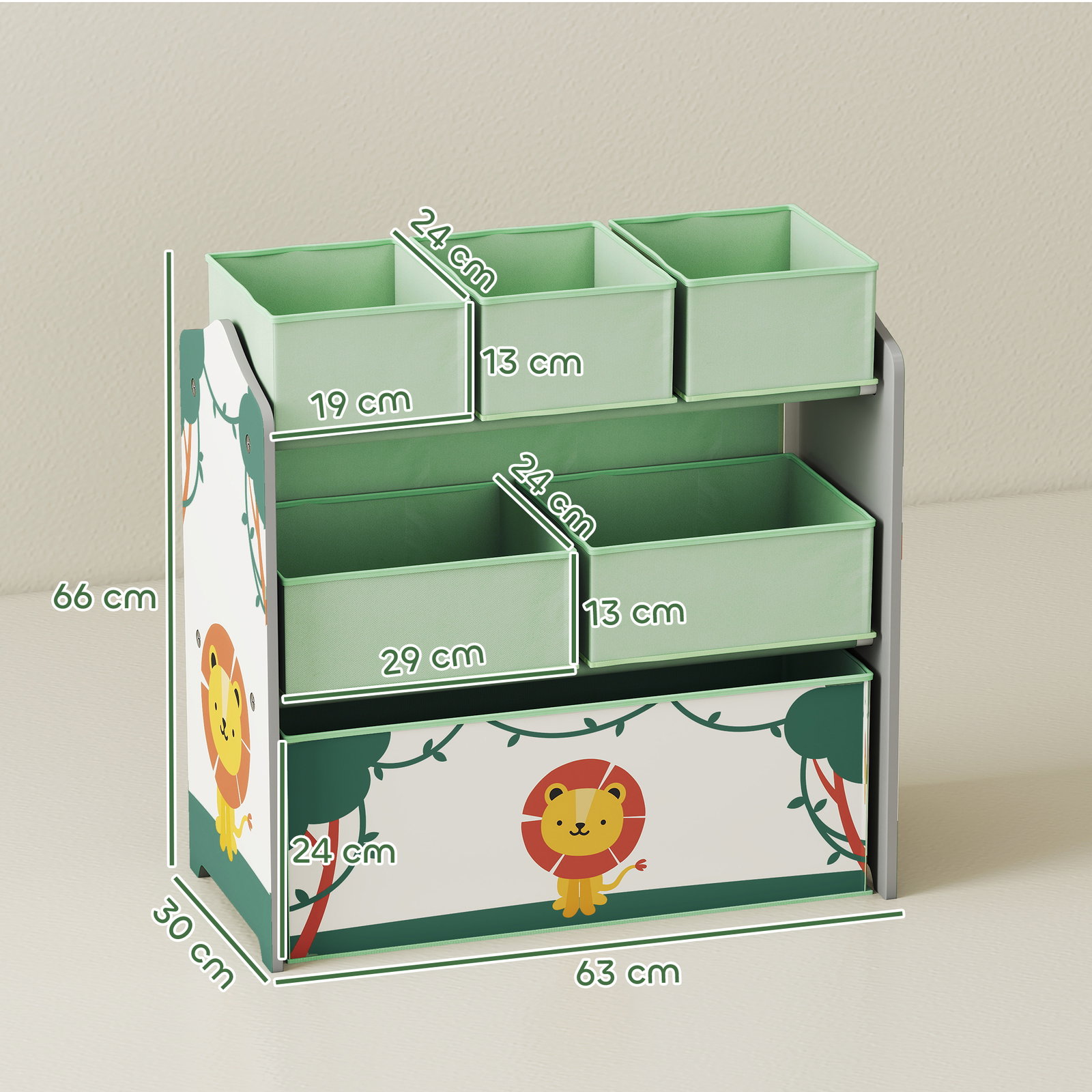 Estante infantil para brinquedos com 6 caixas em tecido não tecido organizador de brinquedos de 3 níveis 63x30x66 cm verde