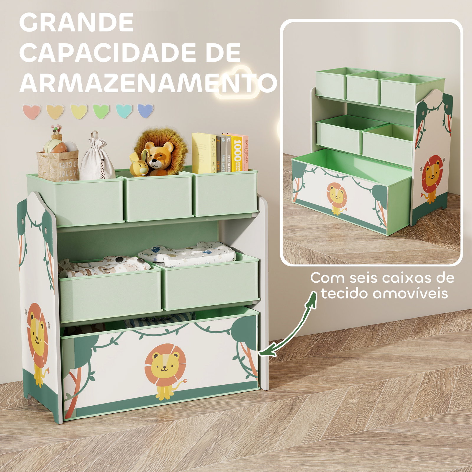 Estante infantil para brinquedos com 6 caixas em tecido não tecido organizador de brinquedos de 3 níveis 63x30x66 cm verde