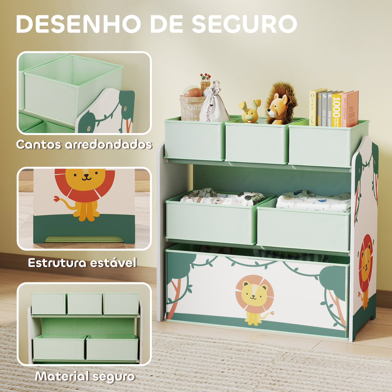 Estante infantil para brinquedos com 6 caixas em tecido não tecido organizador de brinquedos de 3 níveis 63x30x66 cm verde