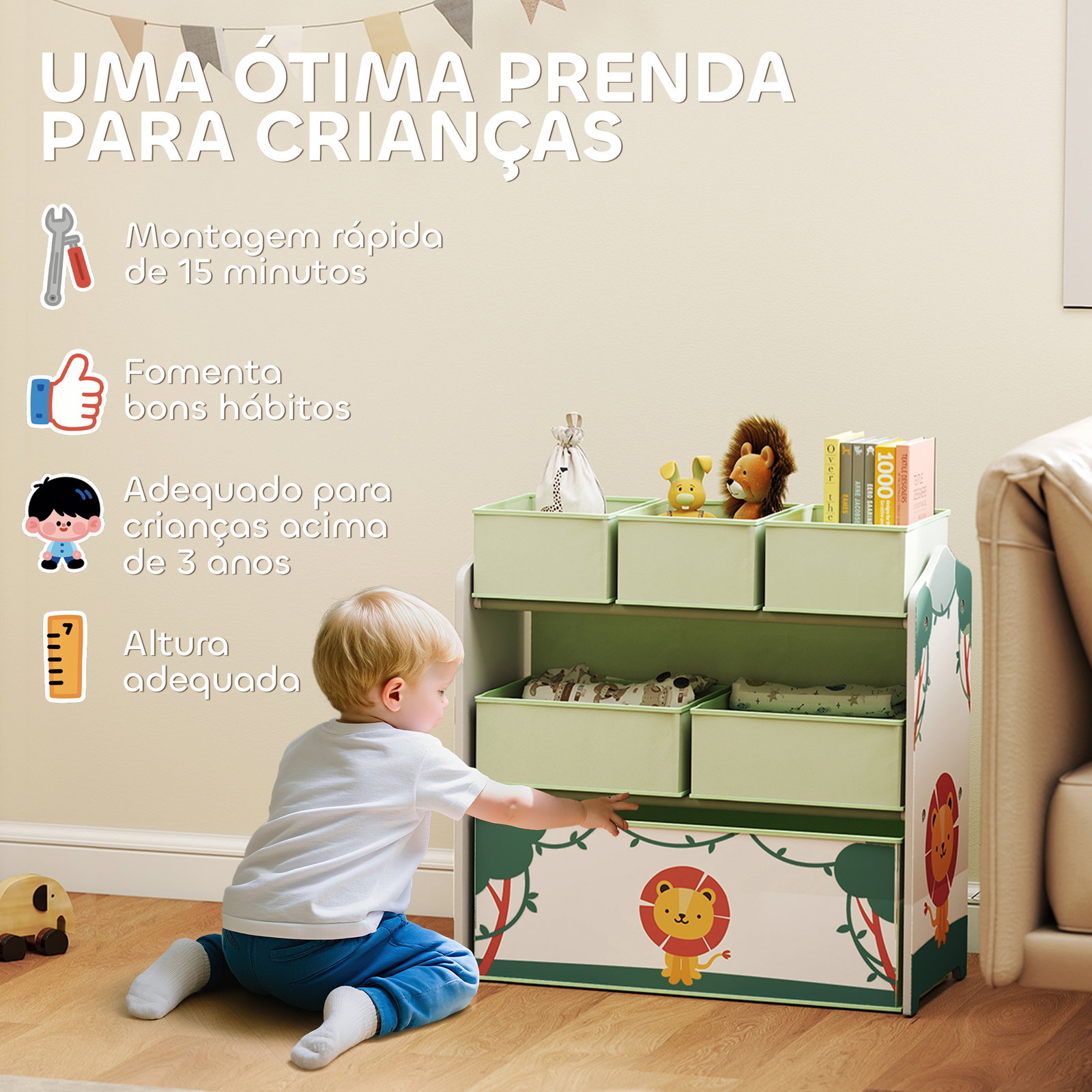 Estante infantil para brinquedos com 6 caixas em tecido não tecido organizador de brinquedos de 3 níveis 63x30x66 cm verde