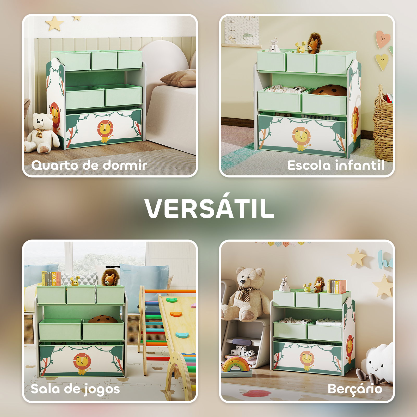Estante infantil para brinquedos com 6 caixas em tecido não tecido organizador de brinquedos de 3 níveis 63x30x66 cm verde