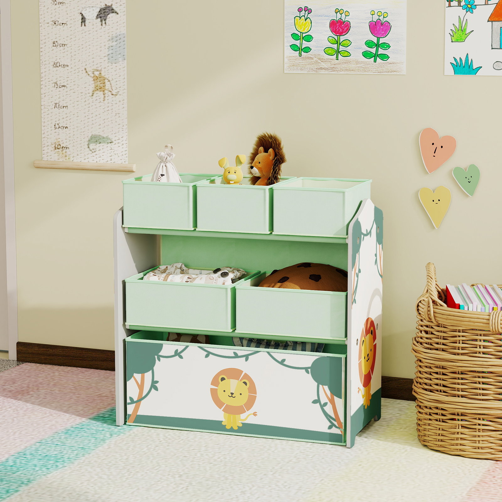 Estante infantil para brinquedos com 6 caixas em tecido não tecido organizador de brinquedos de 3 níveis 63x30x66 cm verde