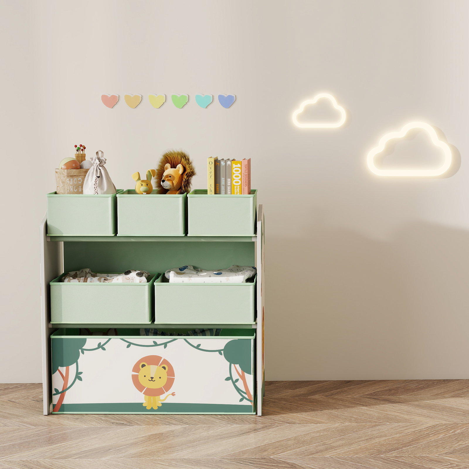 Estante infantil para brinquedos com 6 caixas em tecido não tecido organizador de brinquedos de 3 níveis 63x30x66 cm verde