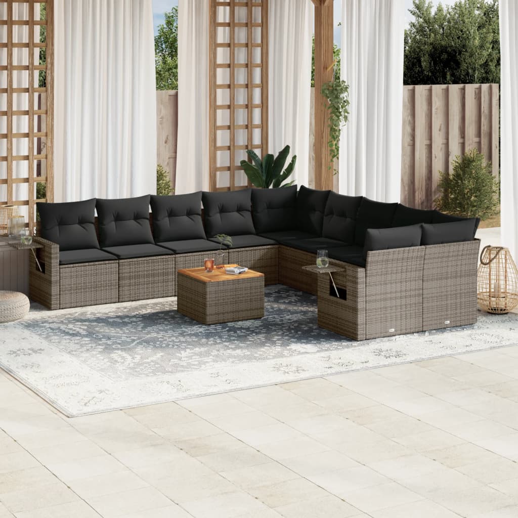 11 Pcs conjunto sofás de jardim c/ almofadões vime PE cinzento