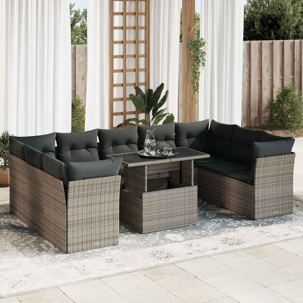 10 Pcs conjunto sofás de jardim c/ almofadões vime PE cinzento