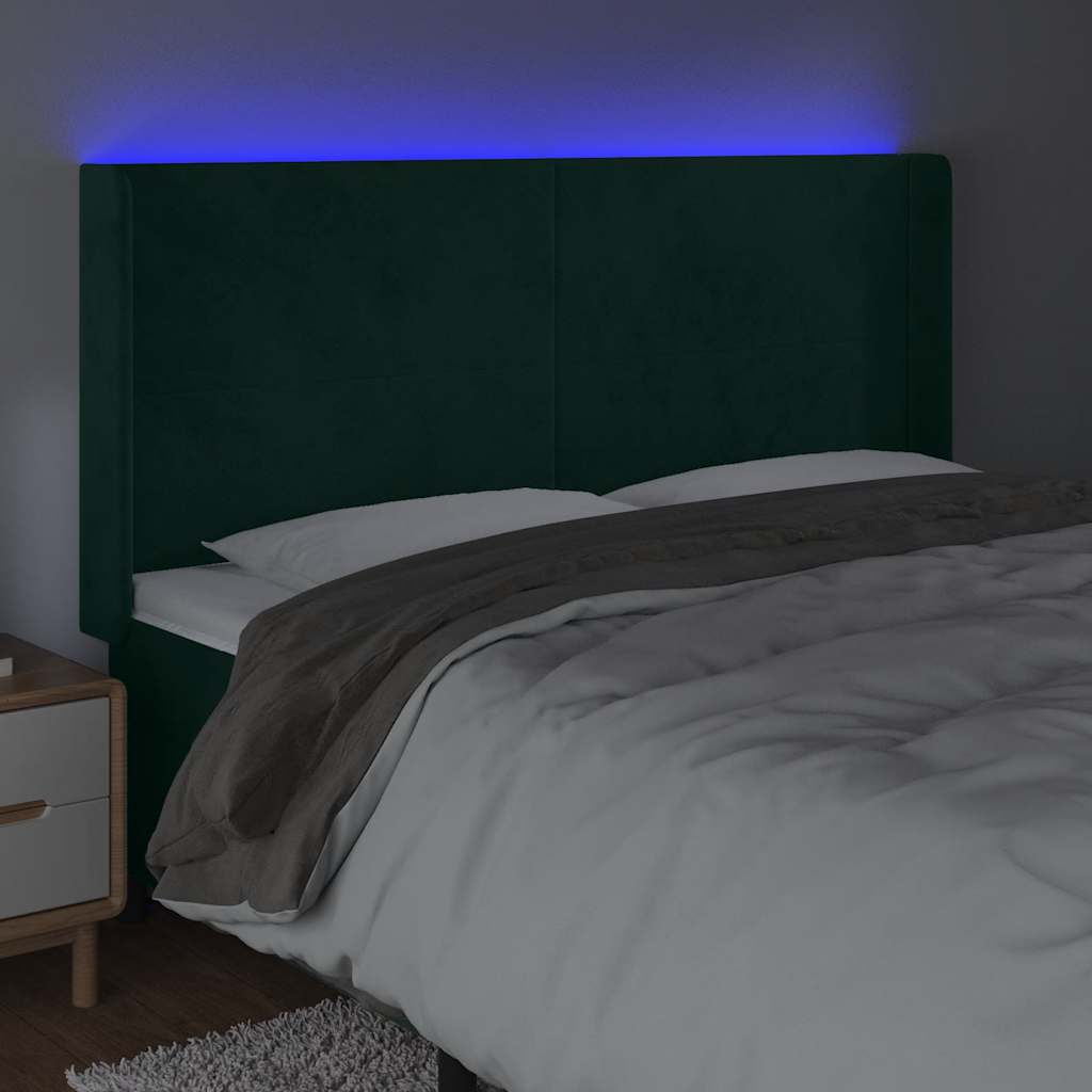 Cabeceira de cama c/ LED veludo 203x16x118/128 cm verde-escuro