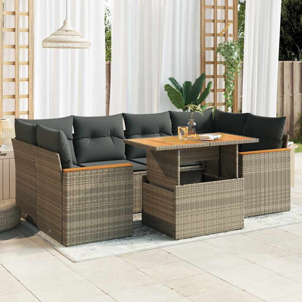6 Pcs conjunto sofás jardim com almofadões PE/acácia cinzento