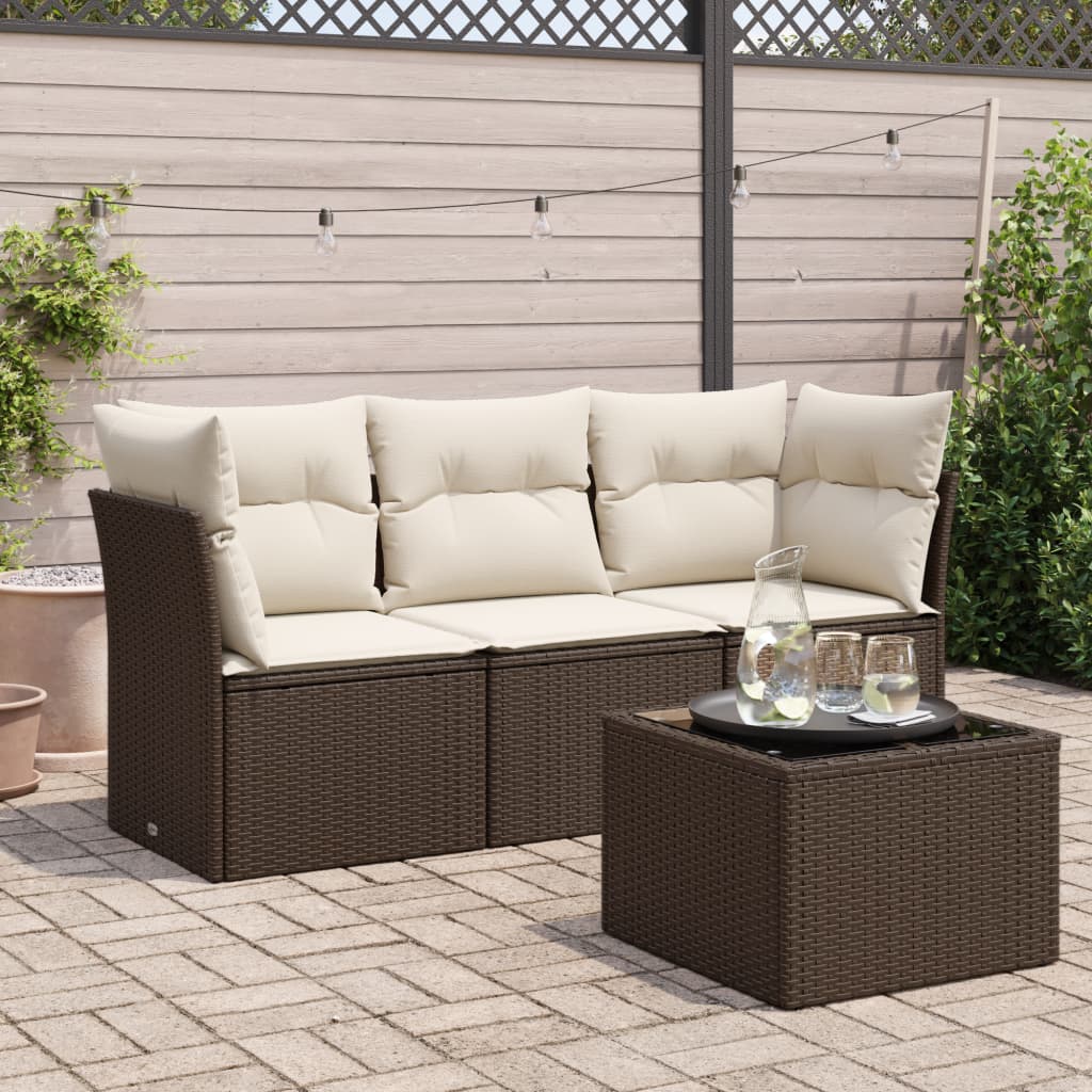 4 Pcs conjunto sofás de jardim c/ almofadões vime PE castanho