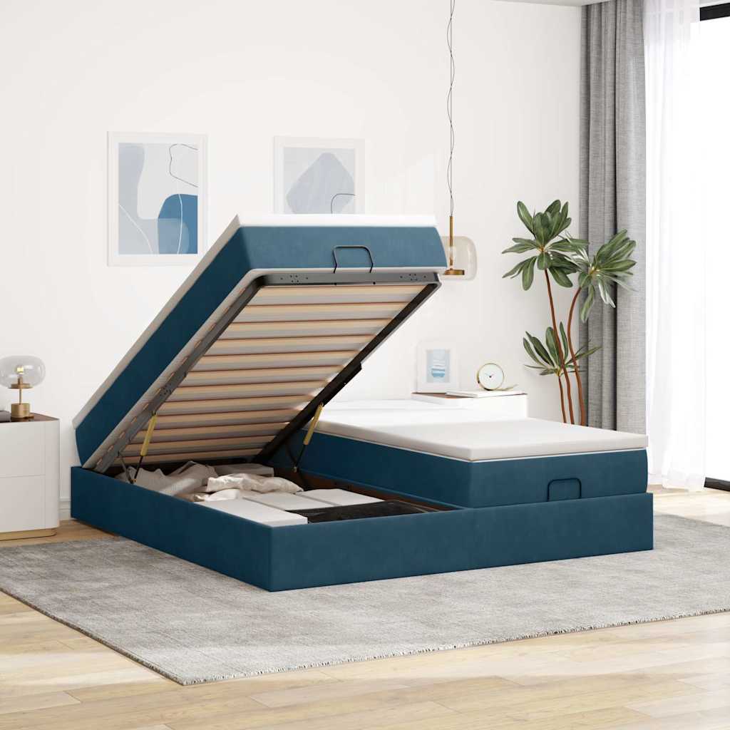 Estrutura de cama otomana com colchão azul escuro veludo