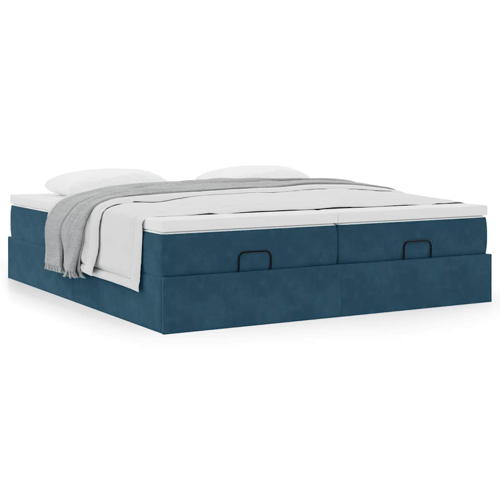 Estrutura de cama otomana com colchão azul escuro veludo