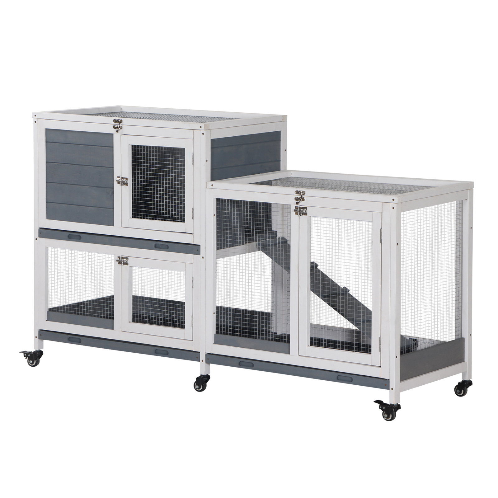 Coelheira de Madeira com Rodas 147x45,5x88,5cm Gaiola para Coelhos de 2 Níveis com Teto Abatível 2 Cercados de Metal 3 Bandejas