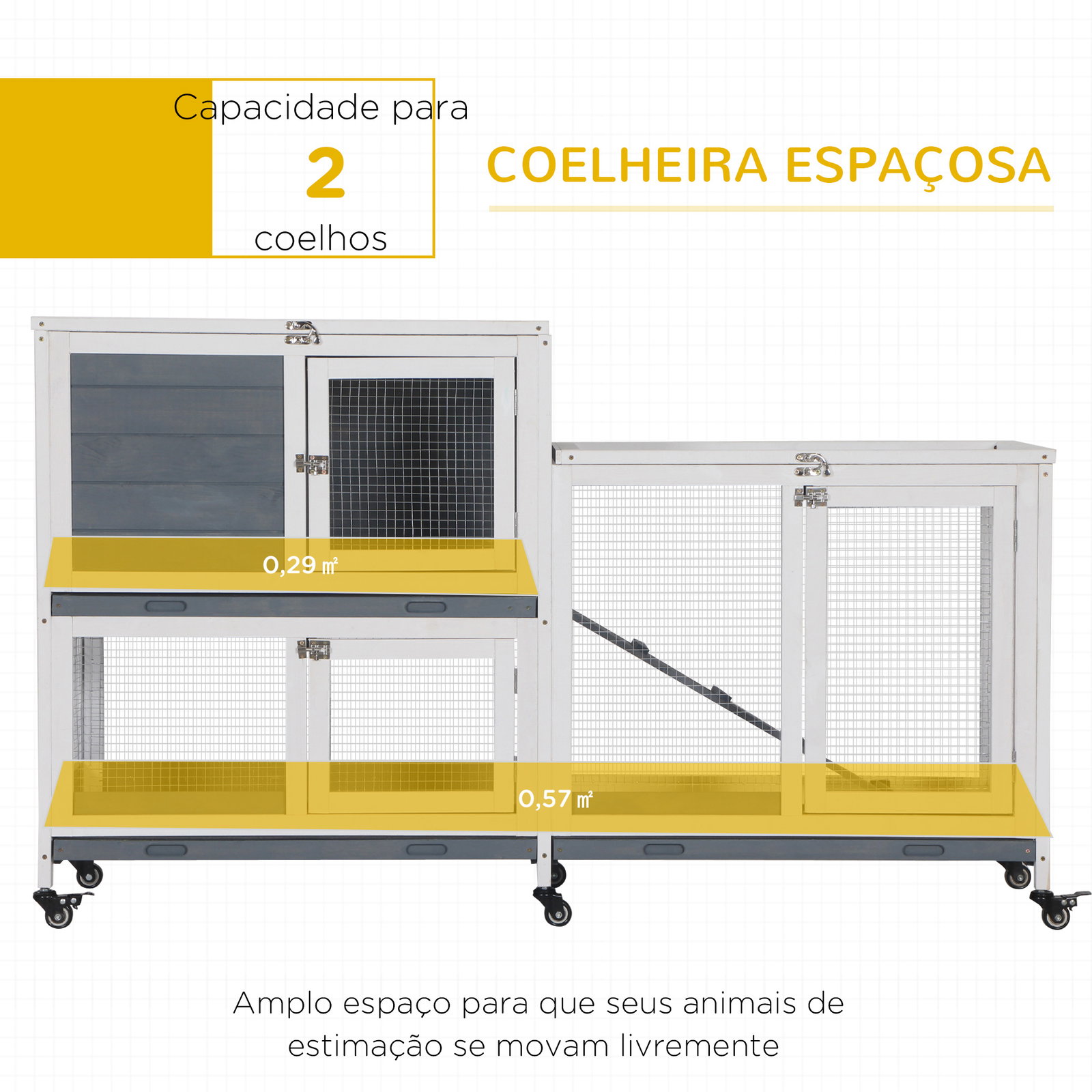 Coelheira de Madeira com Rodas 147x45,5x88,5cm Gaiola para Coelhos de 2 Níveis com Teto Abatível 2 Cercados de Metal 3 Bandejas