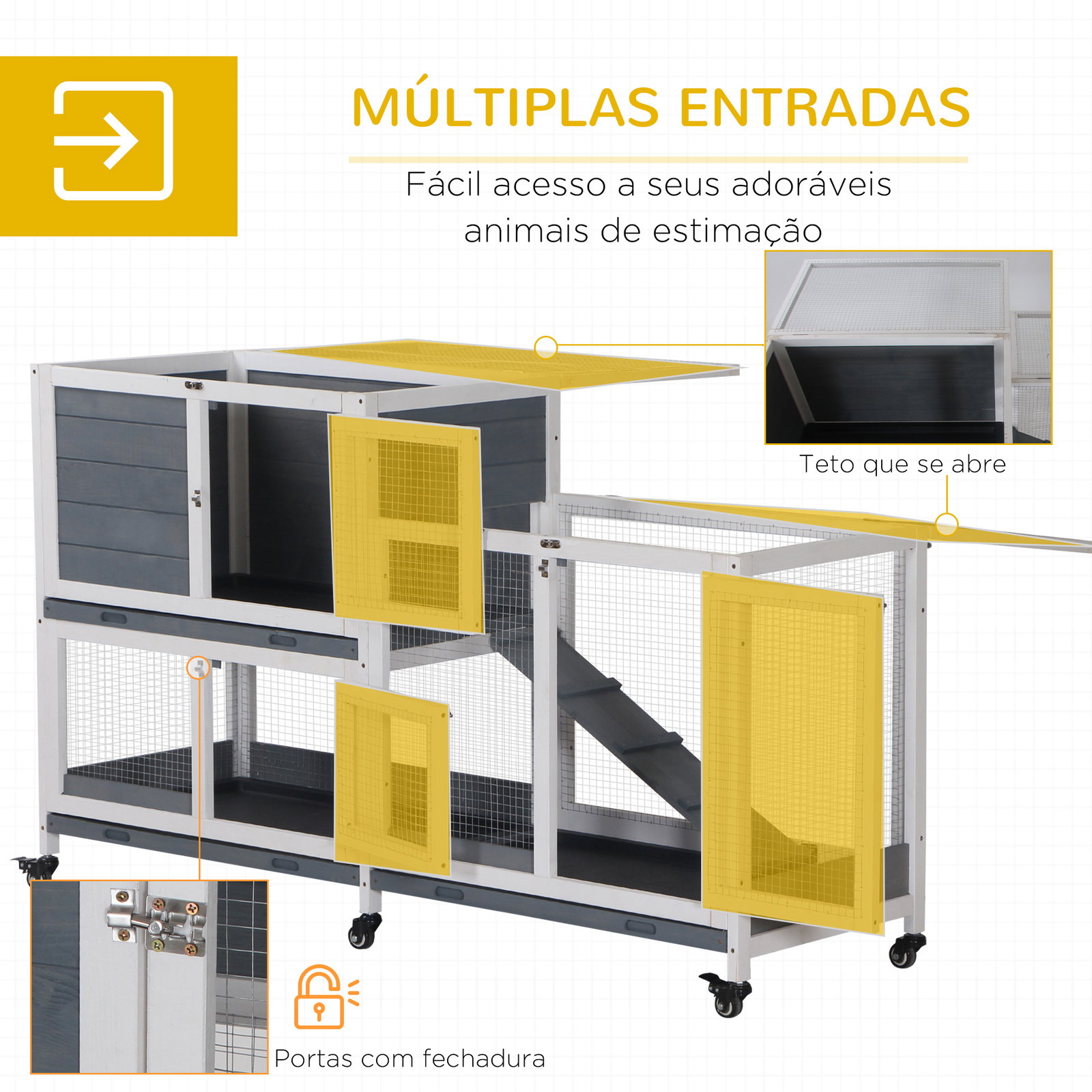 Coelheira de Madeira com Rodas 147x45,5x88,5cm Gaiola para Coelhos de 2 Níveis com Teto Abatível 2 Cercados de Metal 3 Bandejas