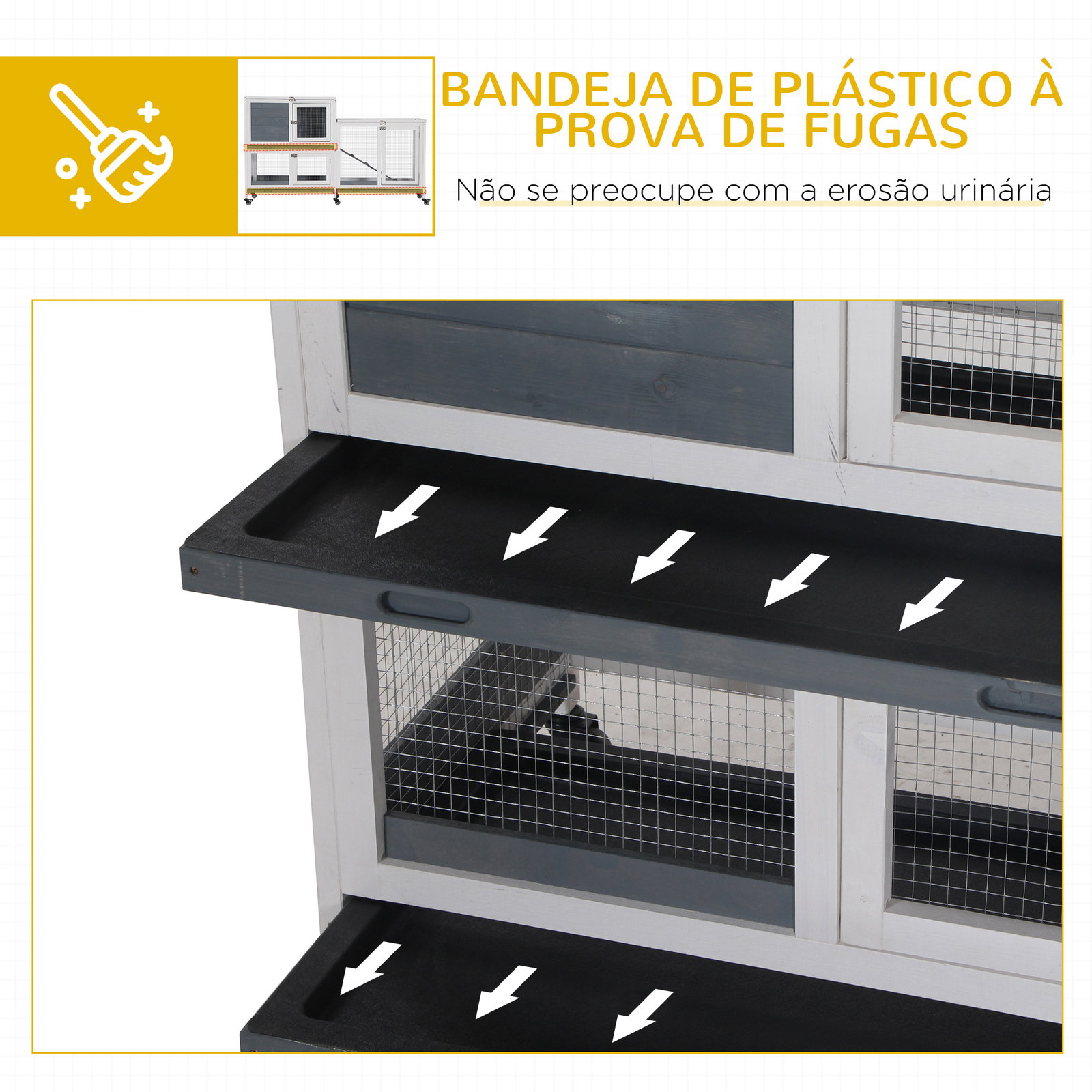 Coelheira de Madeira com Rodas 147x45,5x88,5cm Gaiola para Coelhos de 2 Níveis com Teto Abatível 2 Cercados de Metal 3 Bandejas