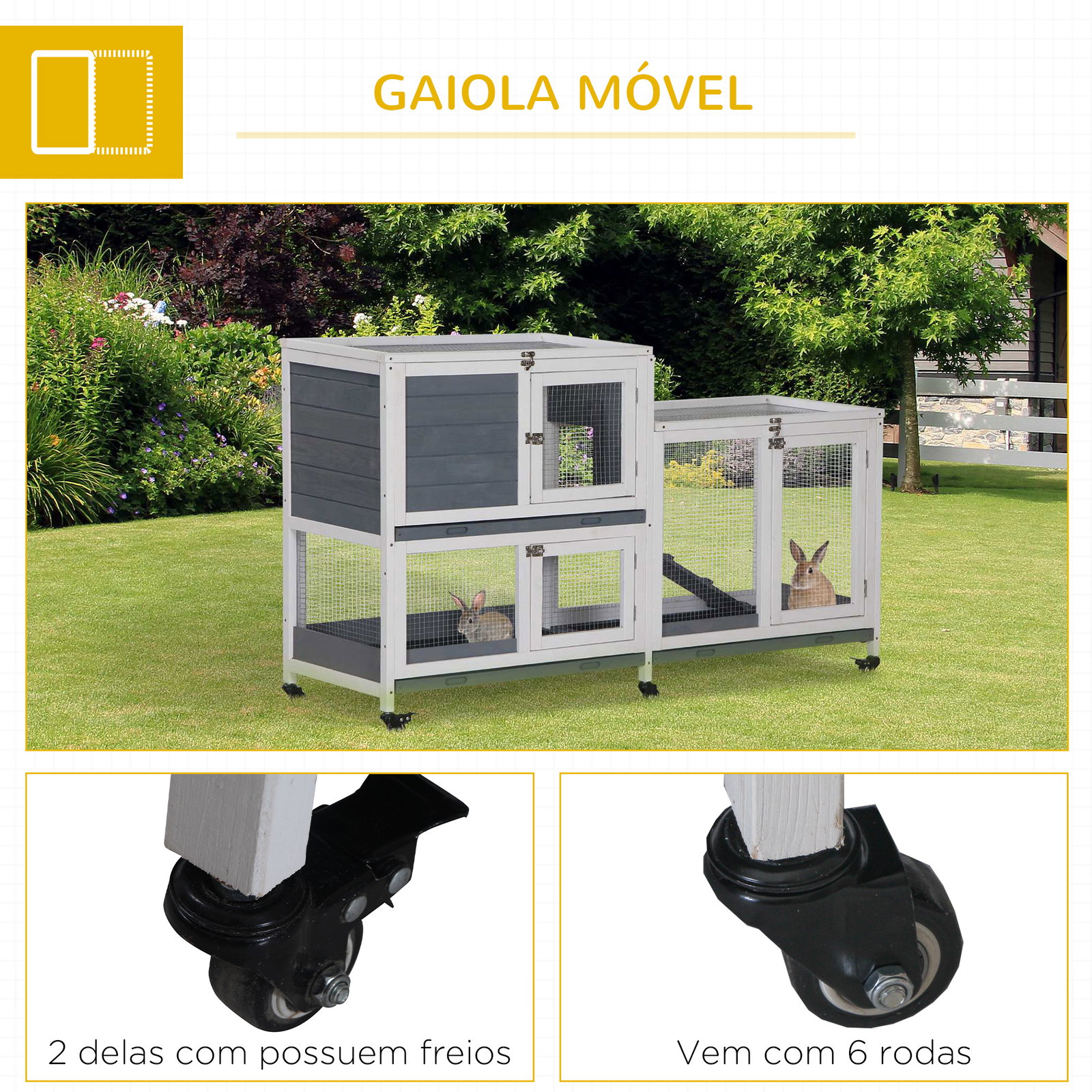 Coelheira de Madeira com Rodas 147x45,5x88,5cm Gaiola para Coelhos de 2 Níveis com Teto Abatível 2 Cercados de Metal 3 Bandejas