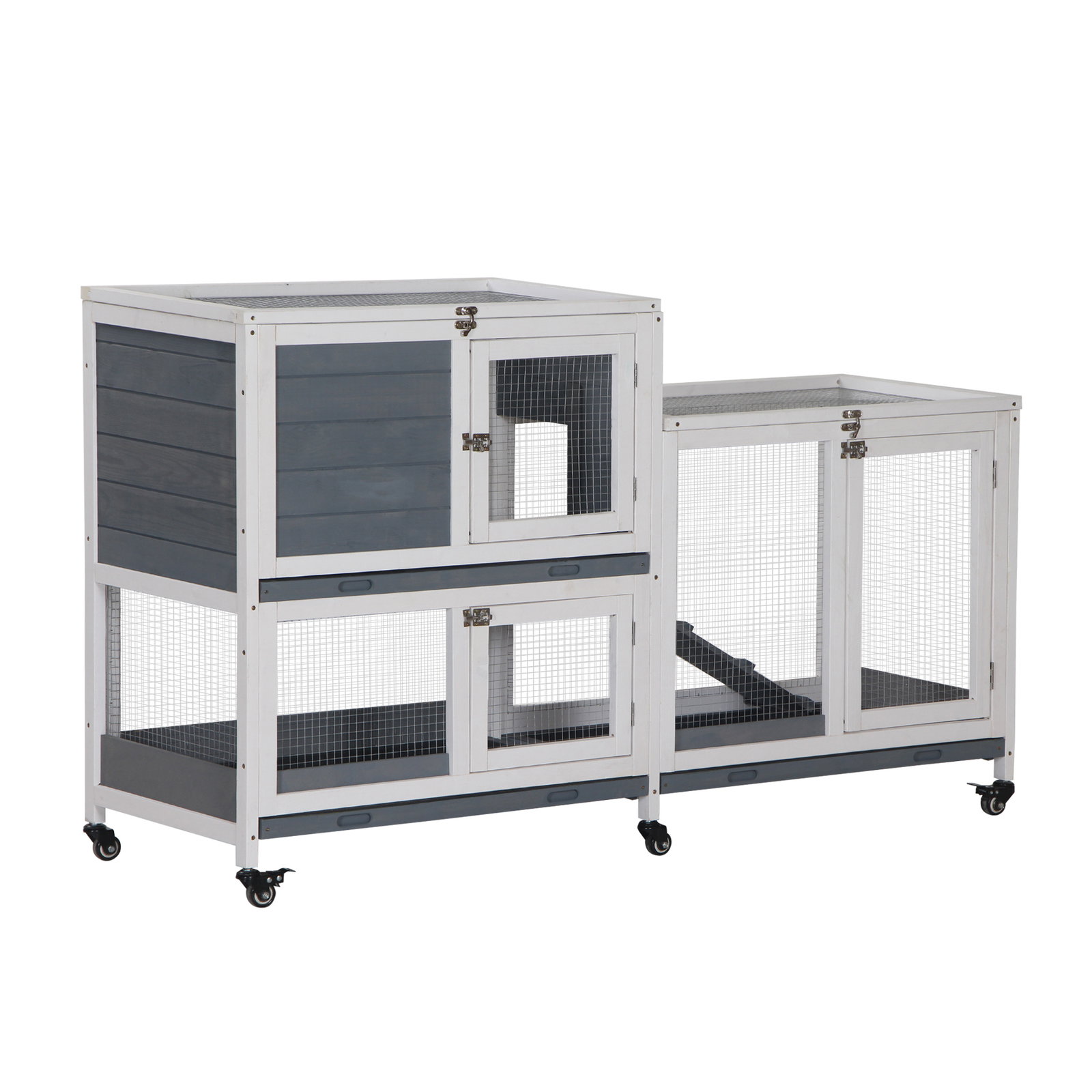 Coelheira de Madeira com Rodas 147x45,5x88,5cm Gaiola para Coelhos de 2 Níveis com Teto Abatível 2 Cercados de Metal 3 Bandejas