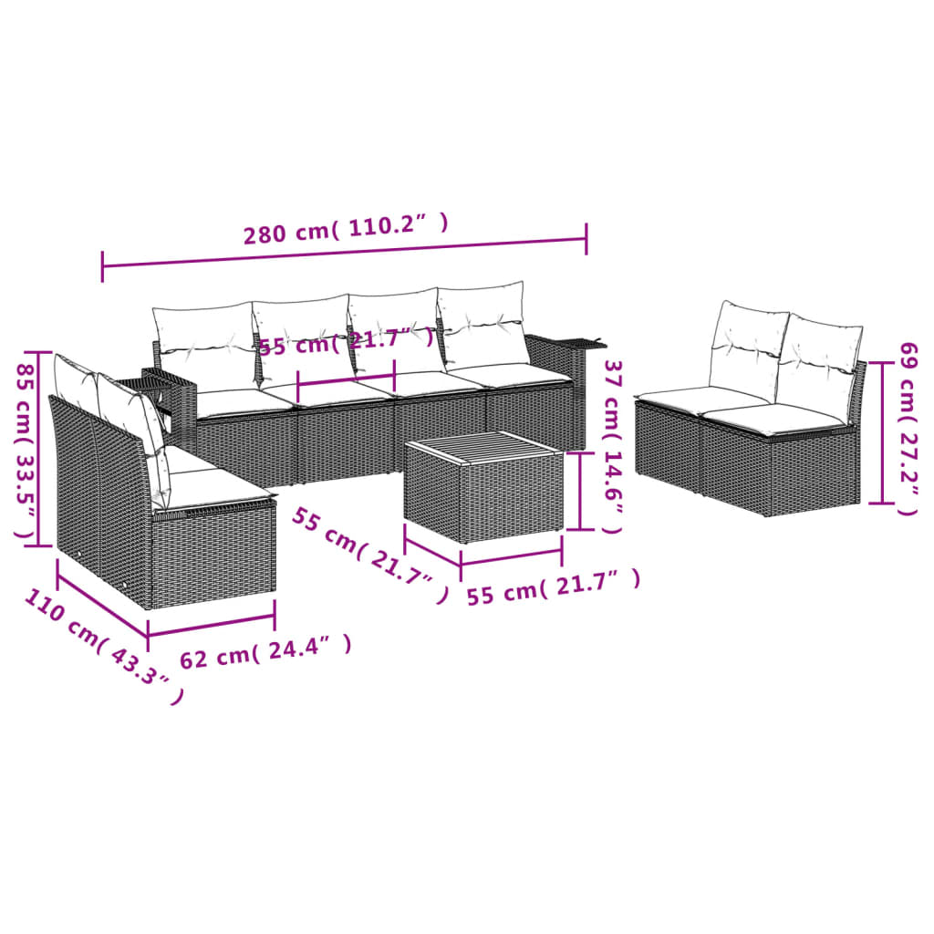 9 Pcs conjunto de sofás p/ jardim c/ almofadões vime PE preto