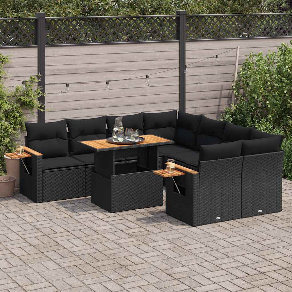 9 Pcs conjunto sofás p/ jardim almofadões vime PE/acácia preto