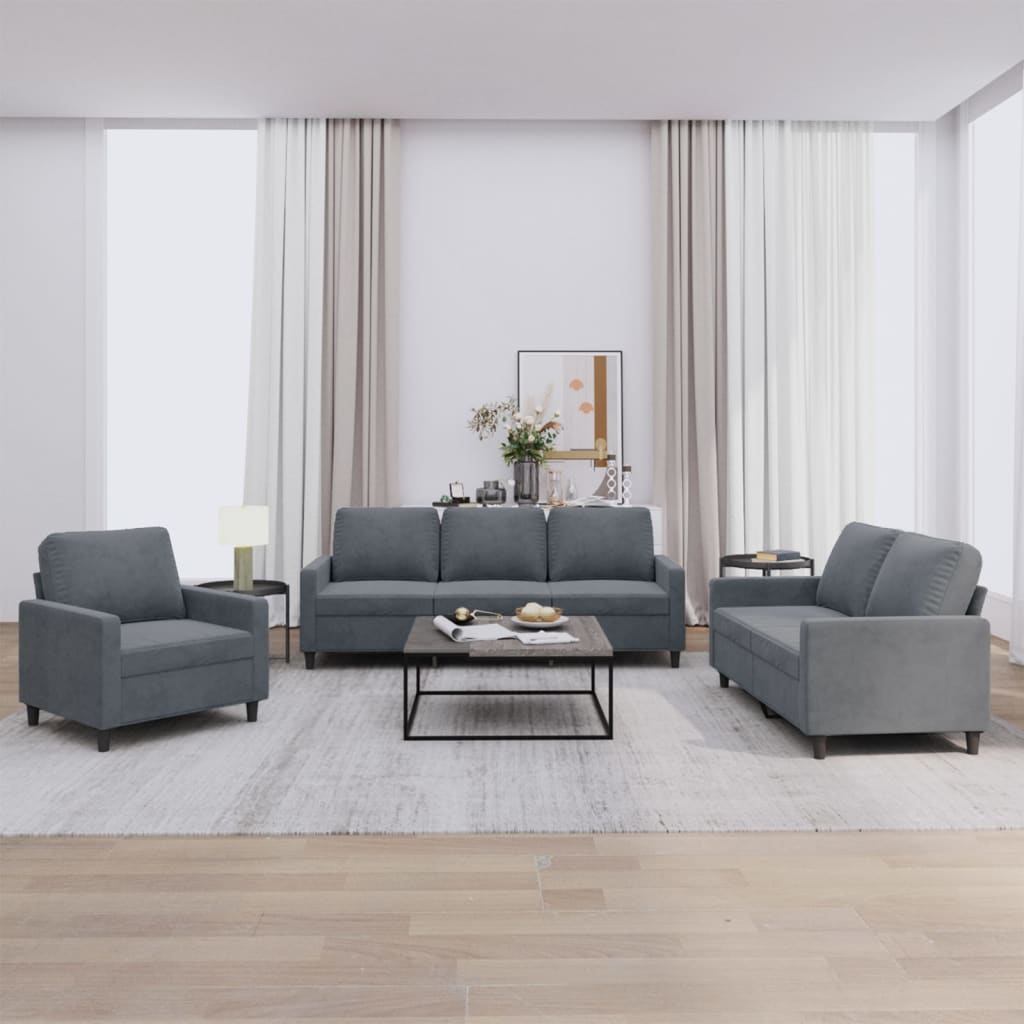 3 Pcs conjunto de sofás com almofadões veludo cinzento-escuro