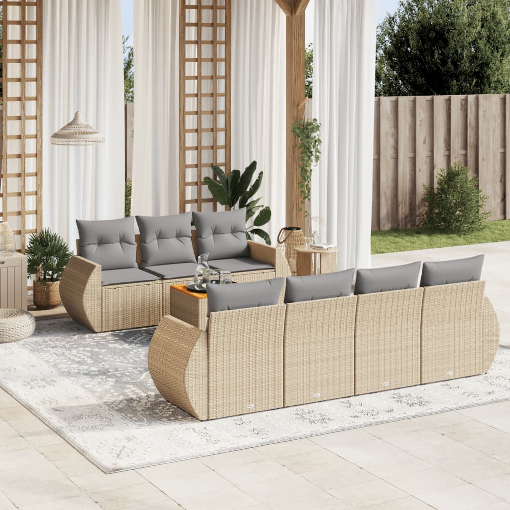 8 Pcs conjunto de sofás p/ jardim com almofadões vime PE bege