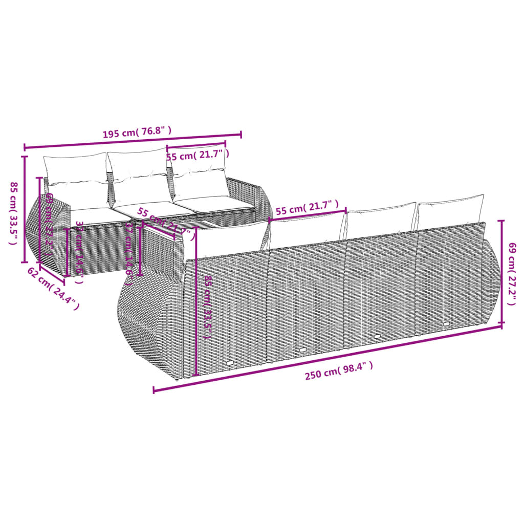 8 Pcs conjunto de sofás p/ jardim com almofadões vime PE bege