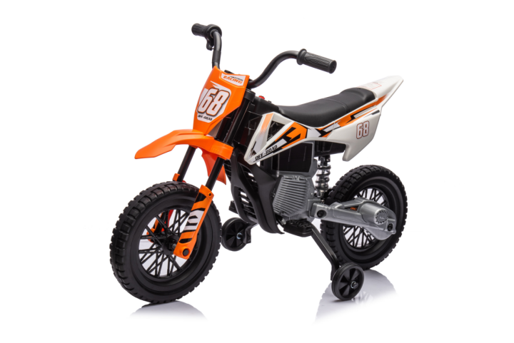 Moto elétrica infantil 12v com música, velocidade 2,4-5 km/h, rodas auxiliares, 107x56x70 cm, laranja