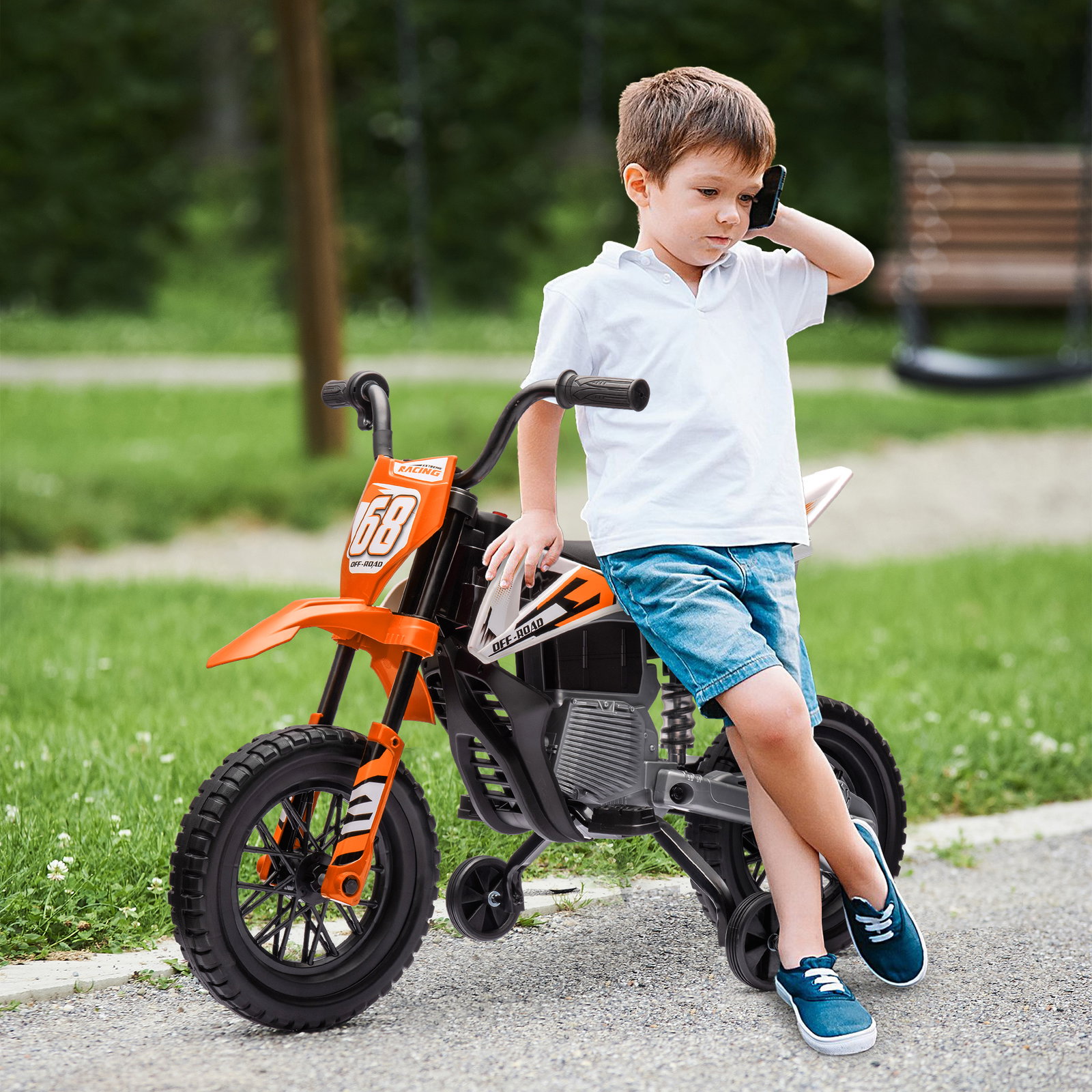 Moto elétrica infantil 12v com música, velocidade 2,4-5 km/h, rodas auxiliares, 107x56x70 cm, laranja